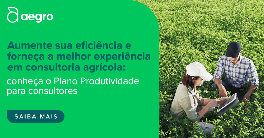Plano para Consultores Agrícolas: Aumente sua Eficiência imagem é uma peça de marketing da Aegro, dividida visualmente. À esquerda, sobre um fundo verde vibrante, está o logotipo d