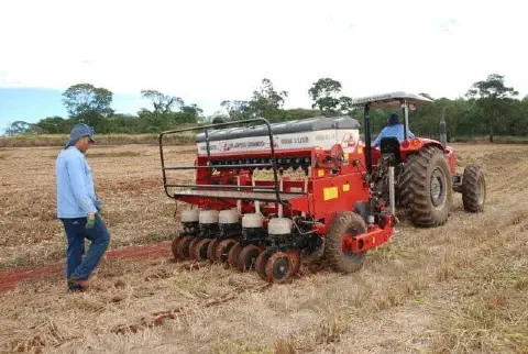 operação de plantio mecanizado em uma área rural. Em primeiro plano, um trator vermelho de grande porte