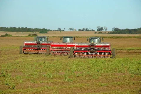 três tratores alinhados em um vasto campo agrícola, cada um acoplado a uma grande semeadora vermelha da marca