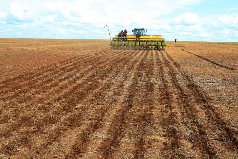 operação de plantio mecanizado em larga escala em uma vasta área agrícola. Em primeiro plano, o solo ave