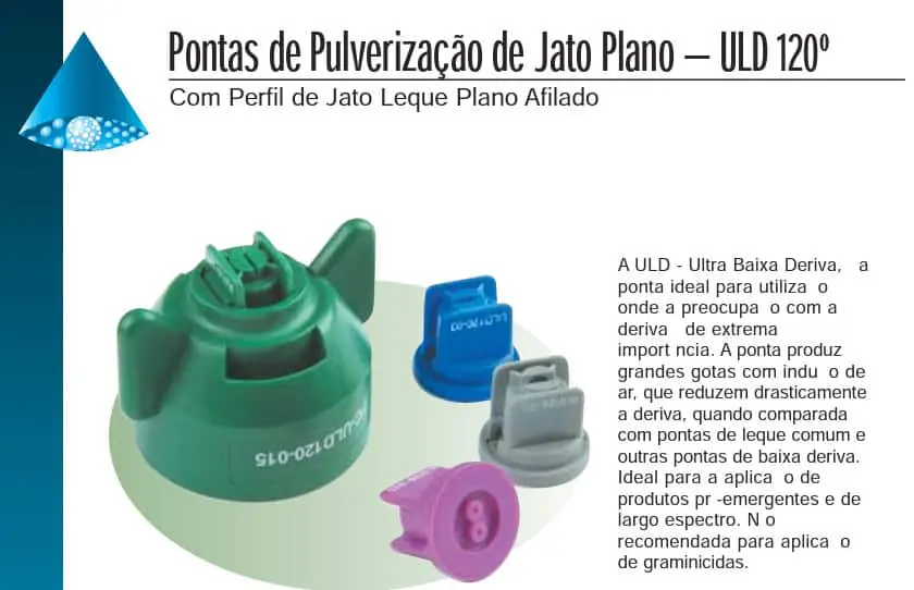 material técnico-comercial sobre pontas de pulverização agrícola, especificamente o modelo ULD 120º de