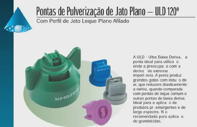 Pontas de Pulverização ULD 120º: Controle a Deriva material técnico-comercial sobre pontas de pulverização agrícola, especificamente o modelo ULD 120º de