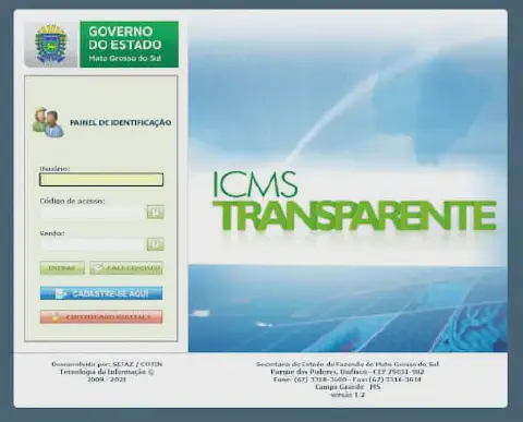 a tela de login do portal 'ICMS Transparente', um sistema do Governo do Estado de Mato Grosso do Sul, desenvol