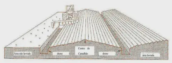Preparo de Solo com Camalhão: Guia para Melhor Drenagem diagrama técnico que ilustra o método de preparo do solo conhecido como encanteiramento ou formação de camalhõe