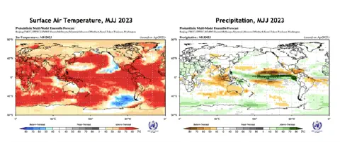 dois mapas mundiais lado a lado, apresentando a previsão climática probabilística para o período de maio, junh