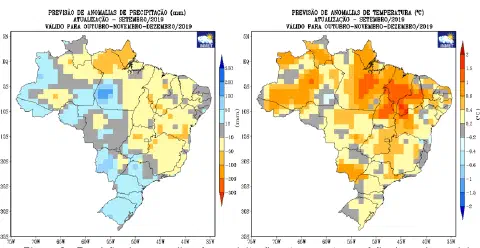 dois mapas do Brasil lado a lado, provenientes do Instituto Nacional de Meteorologia (INMET), detalhando a pre