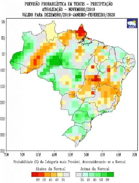 mapa do Brasil com a 'Previsão Probabilística em Tercis - Precipitação', uma análise climática emitida pelo