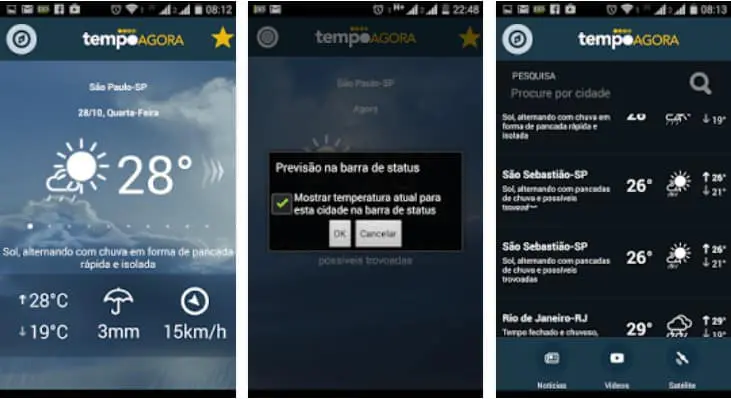 três telas de um aplicativo de previsão do tempo para celular chamado ‘Tempo Agora’. A primeira tela mostra a