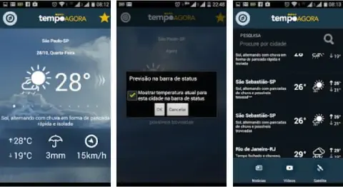 três telas de um aplicativo de previsão do tempo para celular chamado 'Tempo Agora'. A primeira tela mostra a