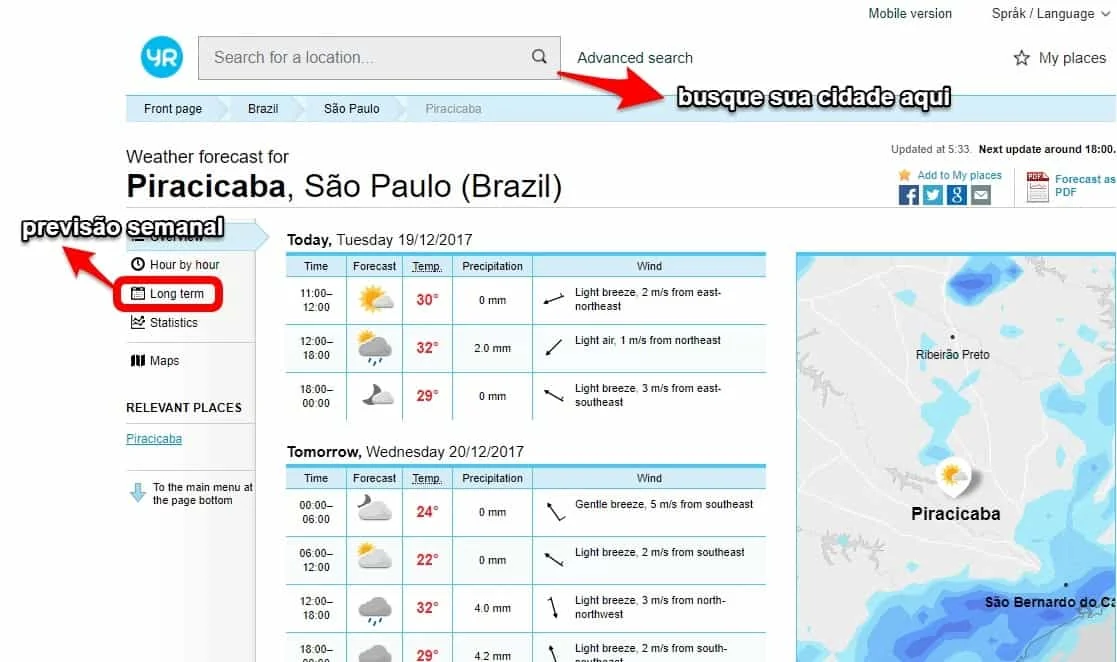 uma captura de tela do site de meteorologia ‘yr.no’, mostrando a previsão do tempo detalhada para a cidade de