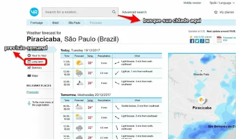 uma captura de tela do site de meteorologia 'yr.no', mostrando a previsão do tempo detalhada para a cidade de