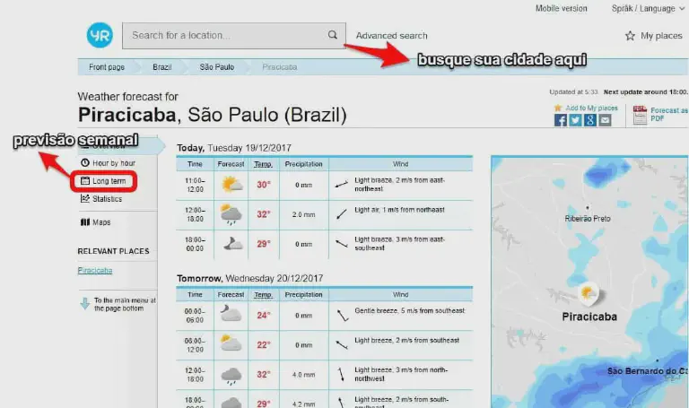 Previsão do Tempo na Agricultura: Como Consultar uma captura de tela do site de meteorologia 'yr.no', mostrando a previsão do tempo detalhada para a cidade de