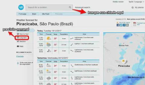 uma captura de tela do site de meteorologia 'yr.no', mostrando a previsão do tempo detalhada para a cidade de