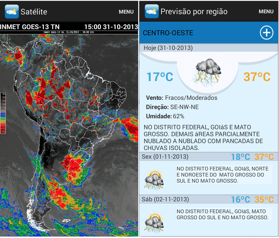 Previsão do Tempo na Agricultura: Imagem de Satélite e App duas telas de um aplicativo de meteorologia para celular, datado de 31 de outubro de 2013. À esquerda, uma ima
