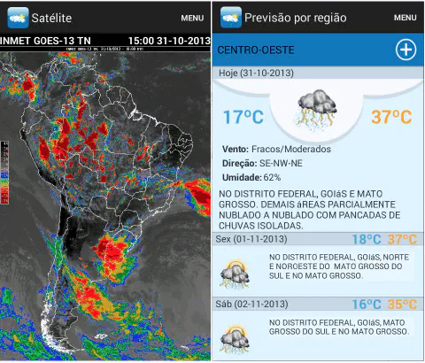duas telas de um aplicativo de meteorologia para celular, datado de 31 de outubro de 2013. À esquerda, uma ima