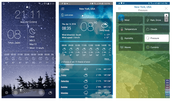 três telas de um aplicativo de previsão do tempo para smartphone, demonstrando suas diversas funcionalidades.