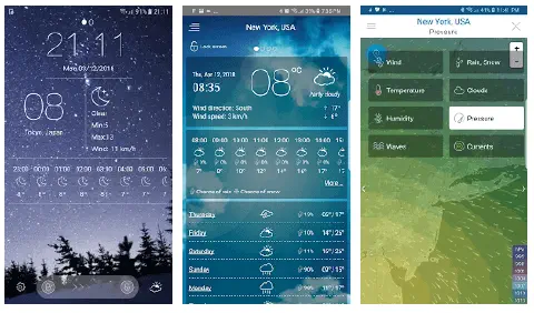 três telas de um aplicativo de previsão do tempo para smartphone, demonstrando suas diversas funcionalidades.