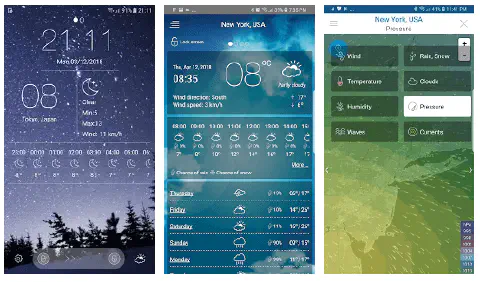 três telas de um aplicativo de previsão do tempo para smartphone, demonstrando suas diversas funcionalidades.