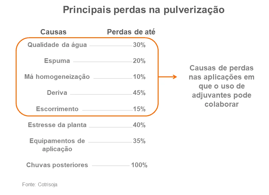 Este infográfico informativo, com o título ‘Principais perdas na pulverização’, detalha os fatores que mais contribuem para a