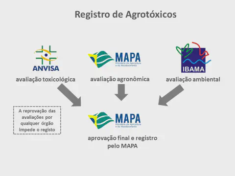 infográfico que ilustra o processo de registro de agrotóxicos no Brasil. No topo, o título 'Registro de Agrotóx