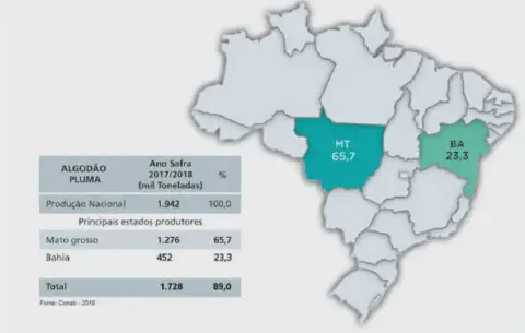 Este infográfico apresenta dados sobre a produção de algodão pluma no Brasil, referentes à safra de 2017/2018, com base em in