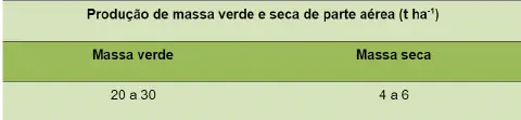 uma tabela informativa com o título 'Produção de massa verde e seca de parte aérea (t ha⁻¹)', indicando a prod