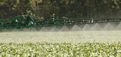 uma operação de pulverização agrícola em uma extensa lavoura, provavelmente de soja, em um dia ensolarado. Em