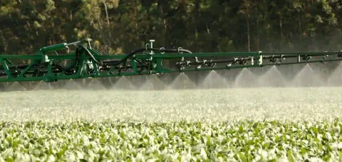 uma operação de pulverização agrícola em uma extensa lavoura, provavelmente de soja, em um dia ensolarado. Em