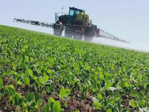 Pulverizador agrícola em operação aplicando bioestimulante foliar em lavoura de soja com tecnologia de precisão