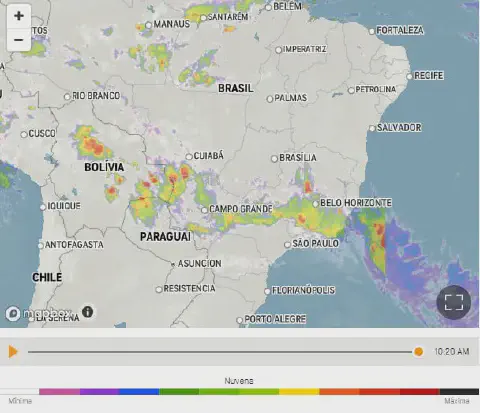 a interface de um mapa de radar meteorológico, focado no Brasil e países vizinhos como Bolívia e Paraguai. Sob