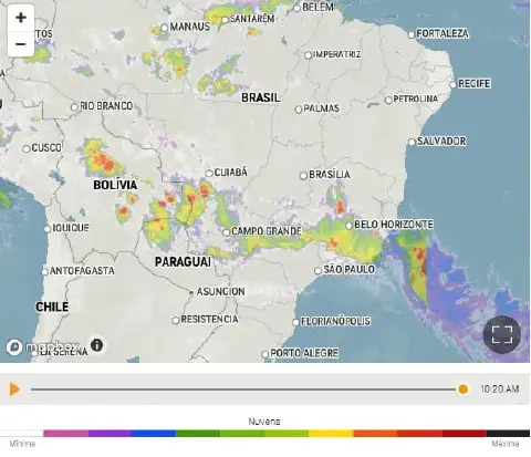 a interface de um mapa de radar meteorológico, focado no Brasil e países vizinhos como Bolívia e Paraguai. Sob