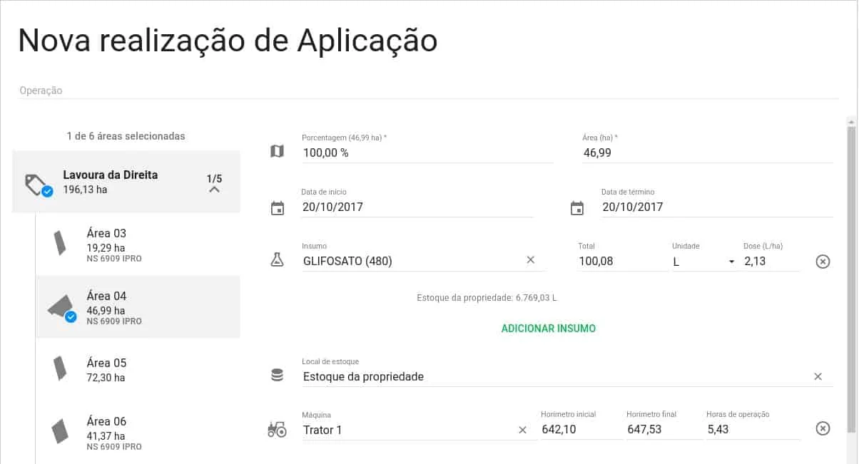a tela de ‘Nova realização de Aplicação’ do software de gestão agrícola Aegro. Nela, um produtor rural está re