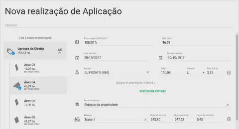 a tela de 'Nova realização de Aplicação' do software de gestão agrícola Aegro. Nela, um produtor rural está re