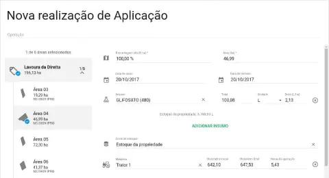 a tela de 'Nova realização de Aplicação' do software de gestão agrícola Aegro. Nela, um produtor rural está re