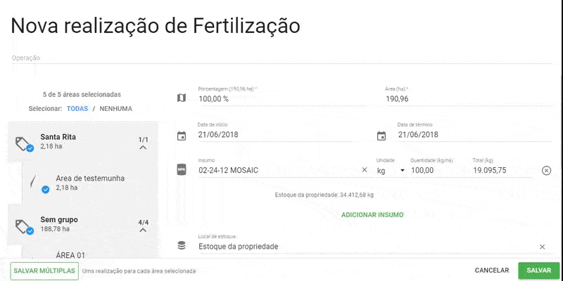 Registro de Fertilização em Múltiplas Áreas no Aegro Este GIF animado demonstra a interface do software Aegro para o registro de uma ‘Nova realização de Fertilização’. A tela é d