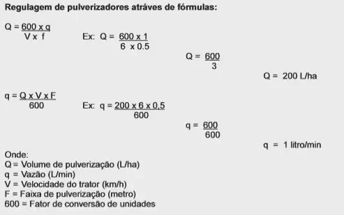 guia técnico sobre a regulagem de pulverizadores agrícolas através de fórmulas matemáticas. São exibida