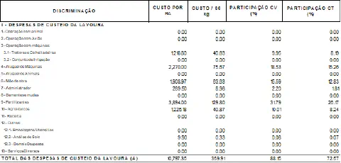 relatório detalhado de despesas de custeio de uma lavoura, típico de um software de gestão agrícola como o