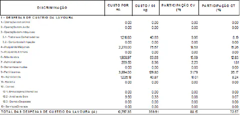 relatório detalhado de despesas de custeio de uma lavoura, típico de um software de gestão agrícola como o
