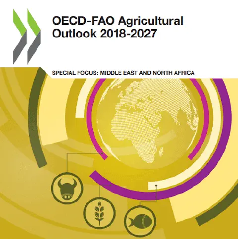 capa do relatório 'OECD-FAO Agricultural Outlook 2018-2027', uma publicação conjunta da OCDE e da FAO. O des
