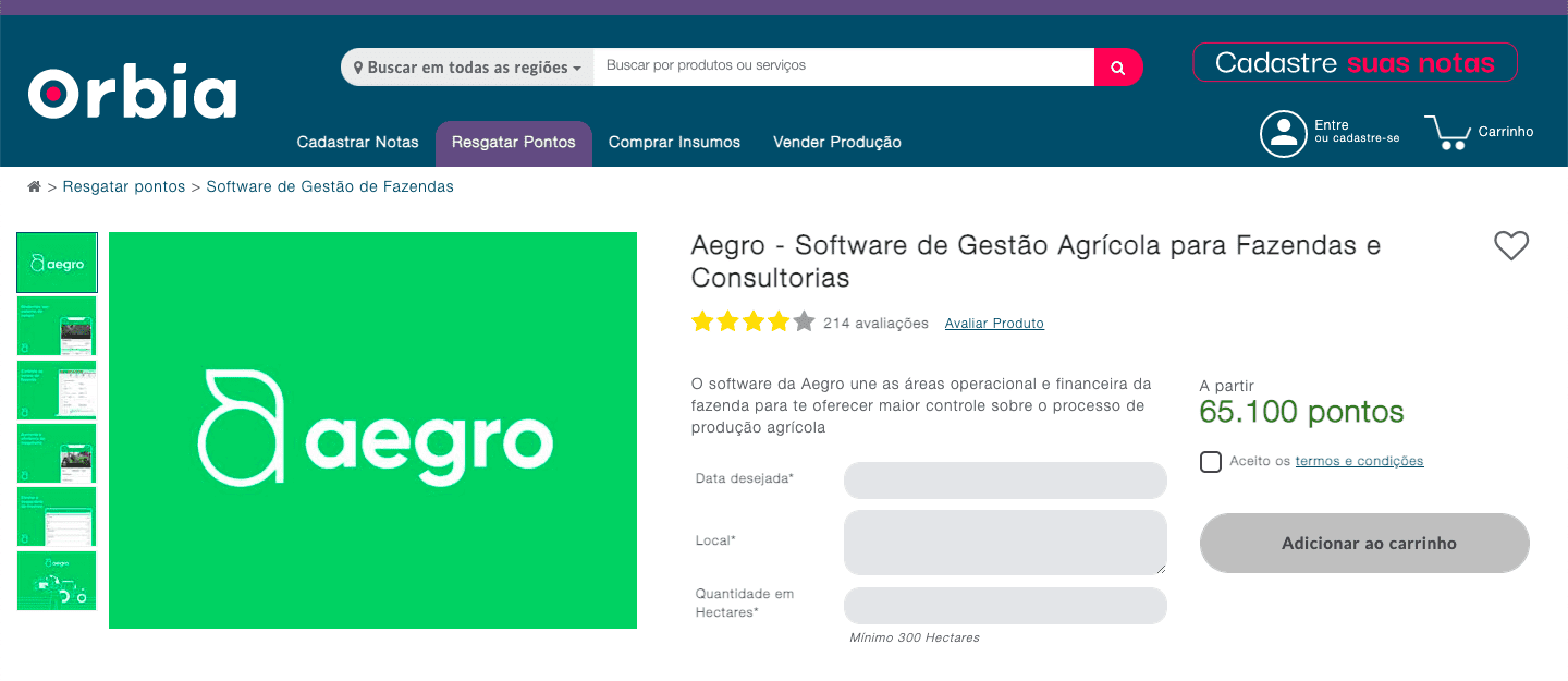 uma captura de tela da página de produto do software Aegro dentro da plataforma Orbia, um marketplace voltado