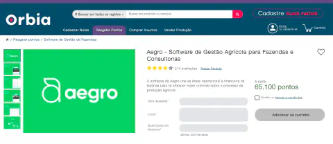 uma captura de tela da página de produto do software Aegro dentro da plataforma Orbia, um marketplace voltado