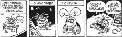 tirinha em preto e branco de quatro quadros que narra, de forma humorística, a história de uma família de bara
