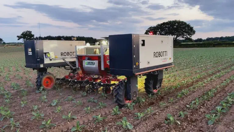 Robô Agrícola: Automação e Tecnologia na Lavoura robô agrícola autônomo, modelo 'ROBOTTI', operando em uma lavoura durante o entardecer ou amanhecer. O equi