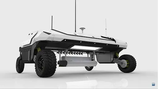 render 3D de um robô agrícola autônomo, apresentado sobre um fundo branco e limpo que destaca seu design mo