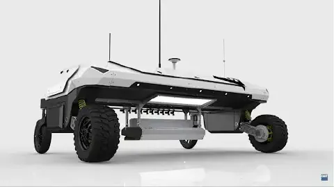 render 3D de um robô agrícola autônomo, apresentado sobre um fundo branco e limpo que destaca seu design mo