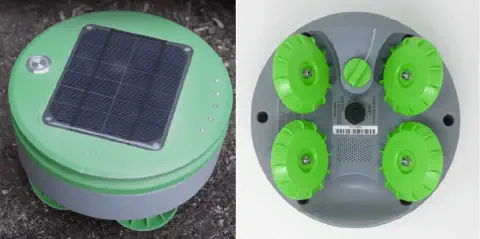 robô agrícola autônomo, apresentado em duas vistas distintas. À esquerda, o robô está em um ambiente extern