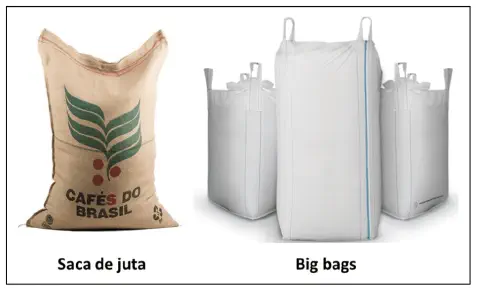 comparação visual clara entre dois tipos de embalagens amplamente utilizadas no setor agrícola. À esqu