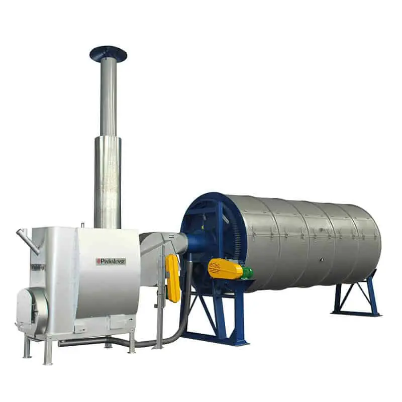 secador rotativo industrial, um equipamento agrícola utilizado na fase de pós-colheita. A máquina é compost