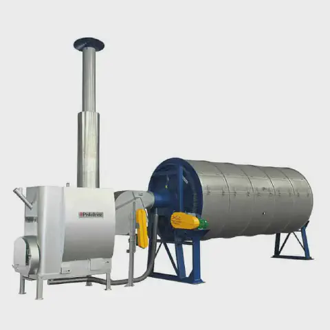 secador rotativo industrial, um equipamento agrícola utilizado na fase de pós-colheita. A máquina é compost