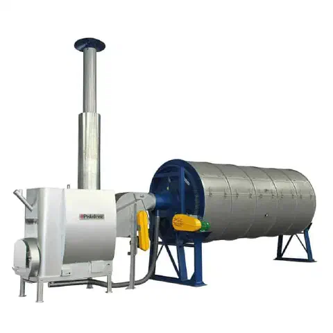 secador rotativo industrial, um equipamento agrícola utilizado na fase de pós-colheita. A máquina é compost